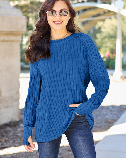 Basic Bae Full Size Ribbed Round Neck Long Sleeve Knit Top Royal Blue