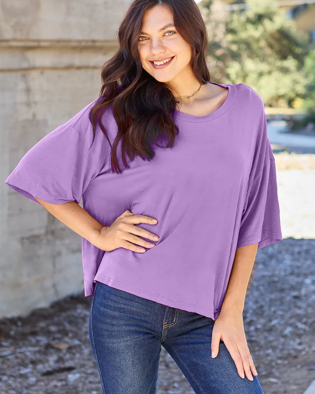 Basic Bae Bamboo Full Size Round Neck Drop Shoulder T-Shirt Lavender