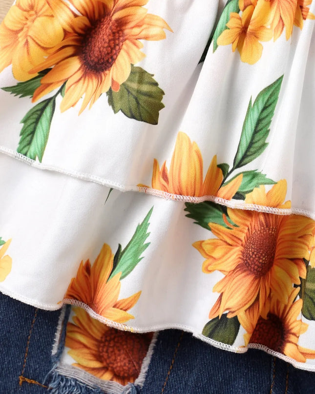 Children's Sunflower Ruffled Short Sleeve Top and Shorts Set