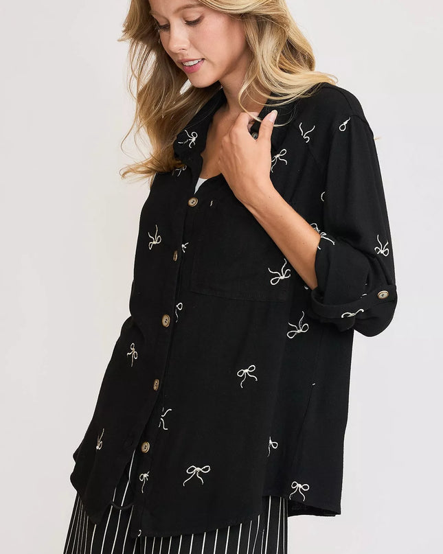 Umgee Linen Blend Fitted Shirt with Ribbon Embroidery Details