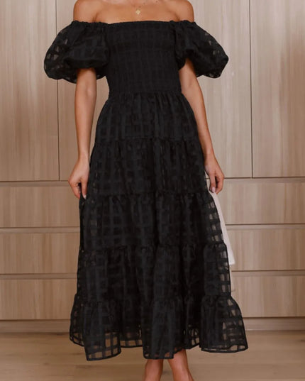 Off Shoulder Short Puff Sleeve Midi Dress Black