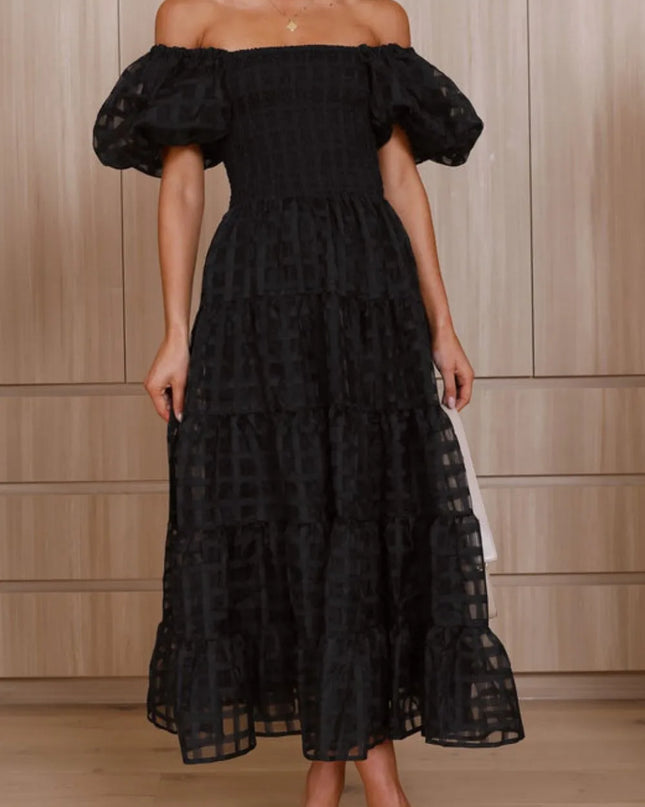 Off Shoulder Short Puff Sleeve Midi Dress Black