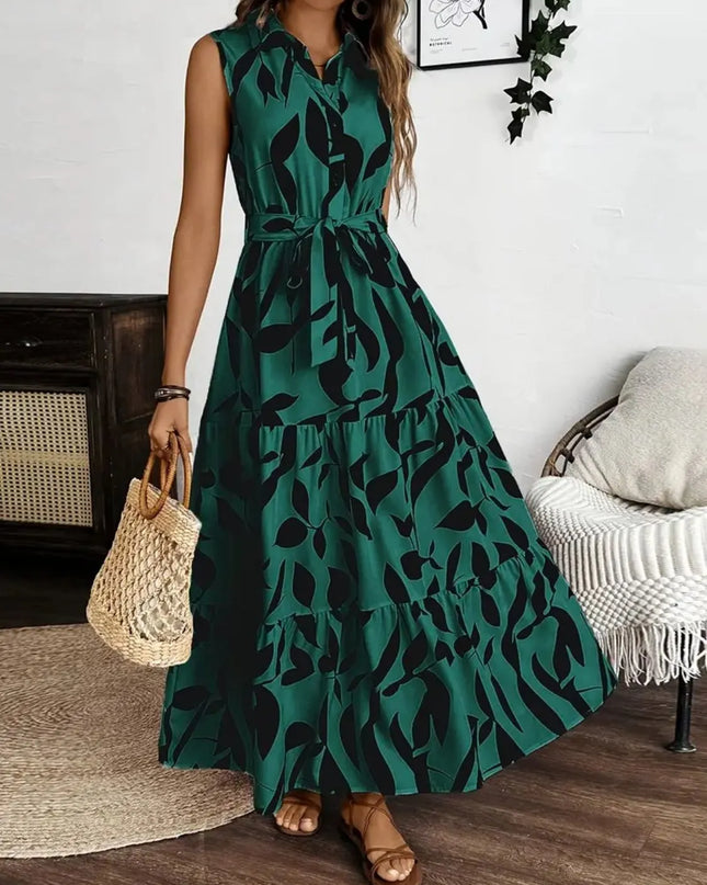 Printed Tie Waist Sleeveless Maxi Dress 