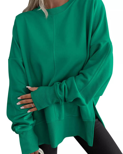 Side Slit Round Neck Long Sleeve Sweatshirt Green