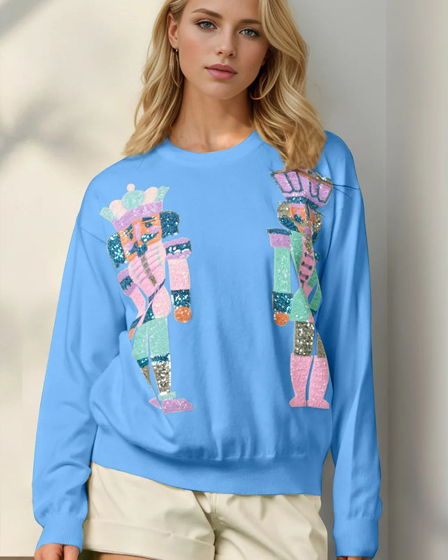 Double Take Full Size Sequin Nutcracker Long Sleeve Sweater Sky Blue