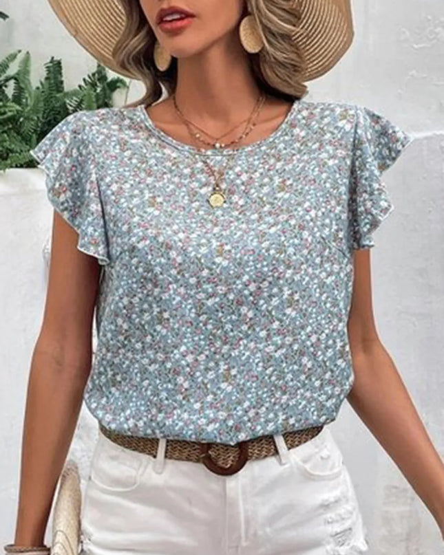 Ditsy Floral Round Neck Cap Sleeve Top
