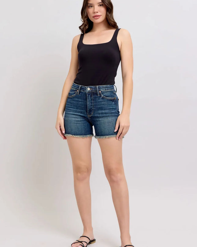 Judy Blue Tummy Control Fray Hem & Shield Back Pockets Denim Shorts