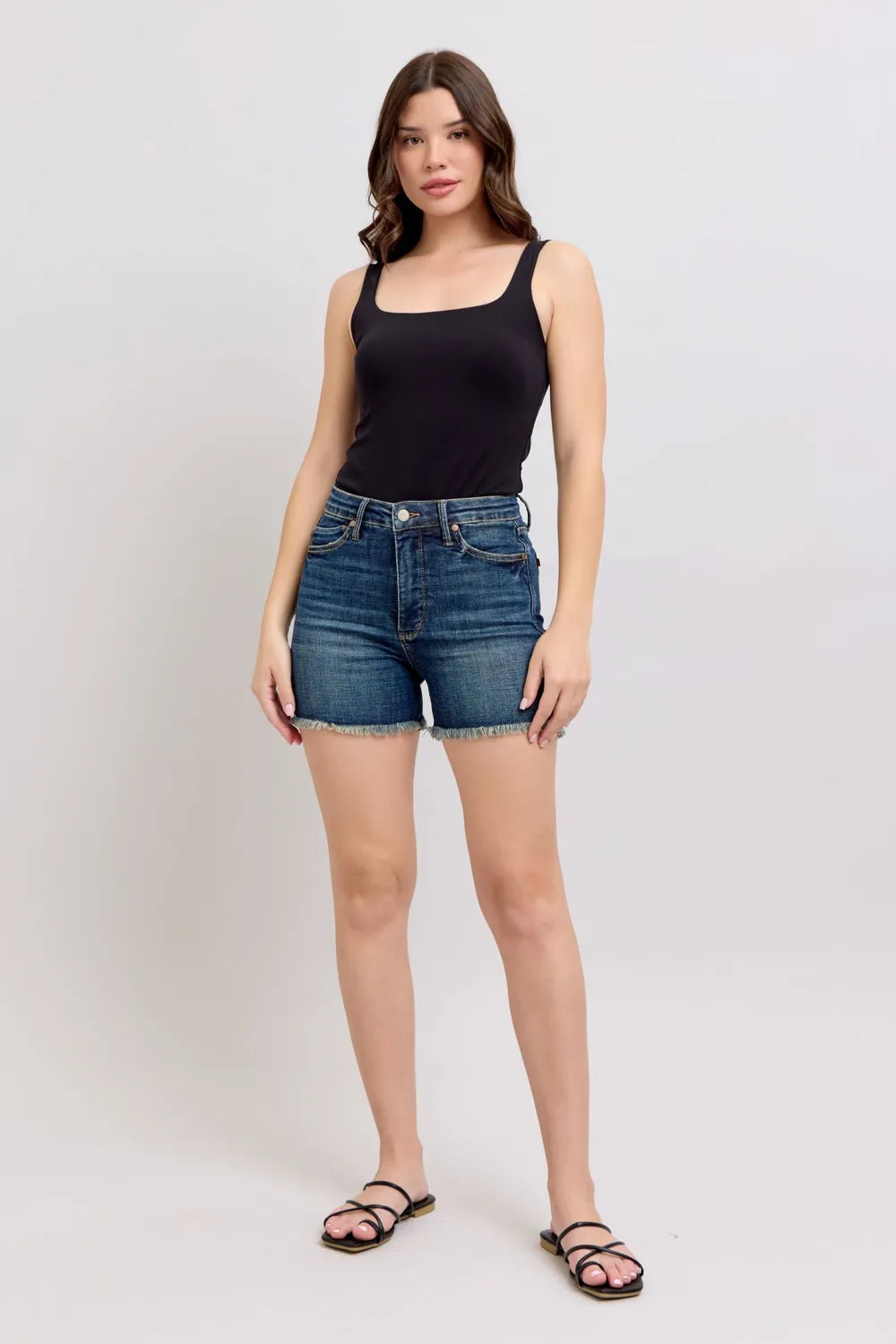 Judy Blue Tummy Control Fray Hem & Shield Back Pockets Denim Shorts