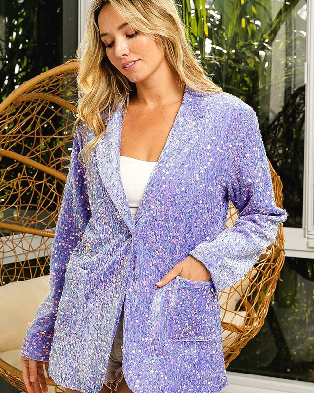 BiBi Velvet Sequins Patch Pockets Single Blazer LILAC