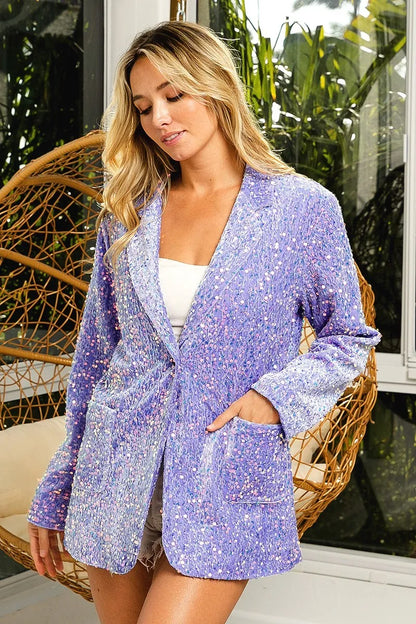 BiBi Velvet Sequins Patch Pockets Single Blazer LILAC