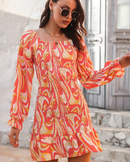 Abstract Print Square Neck Smocked Dress