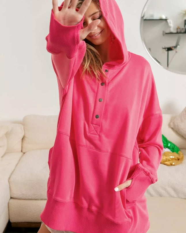 BiBi Half Snap Thumbhole Long Sleeve Hoodie FUCHSIA