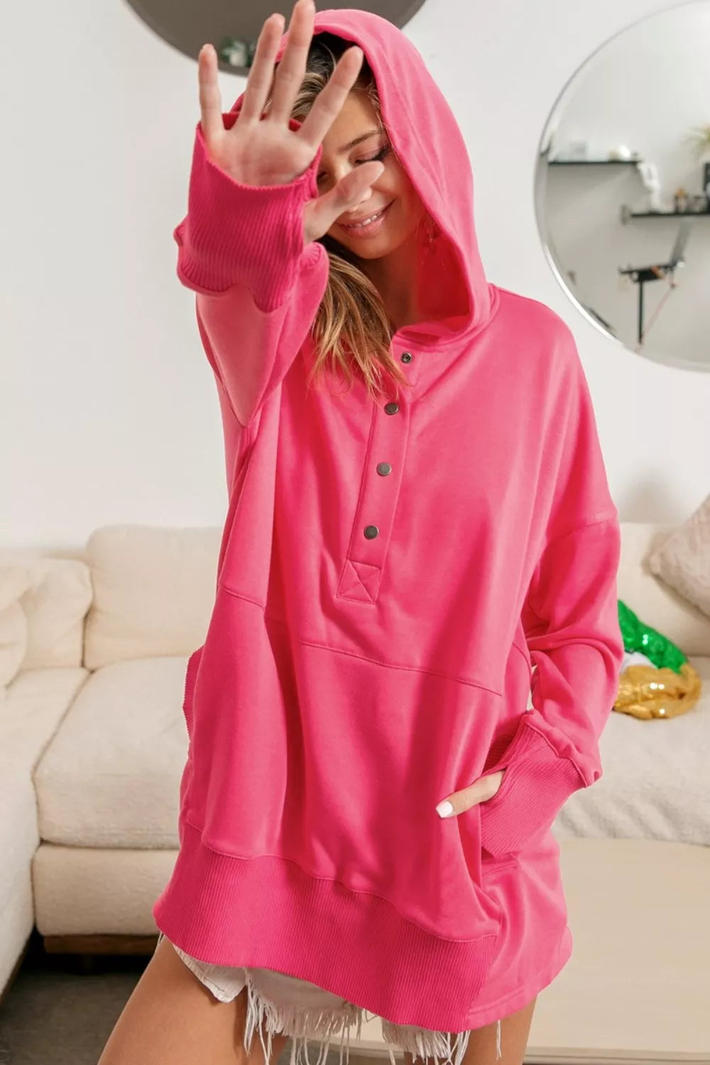 BiBi Half Snap Thumbhole Long Sleeve Hoodie FUCHSIA