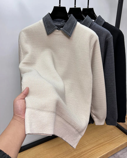 Men's Plus Size Ribbed Knit Collared Neck Sweater Plush Beige