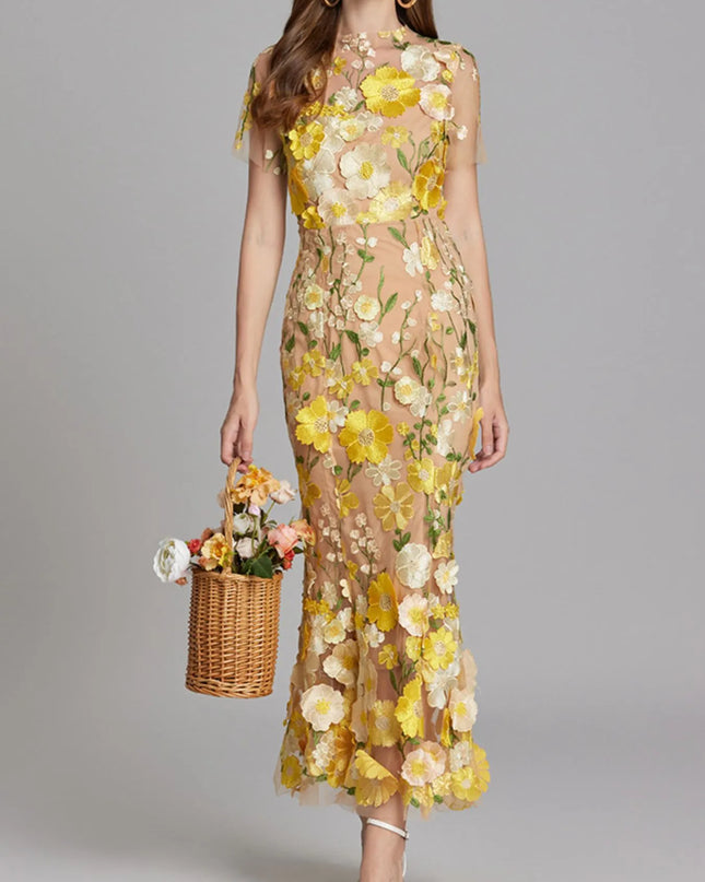 Floral Embroidered Mesh Overlay Maxi Dress