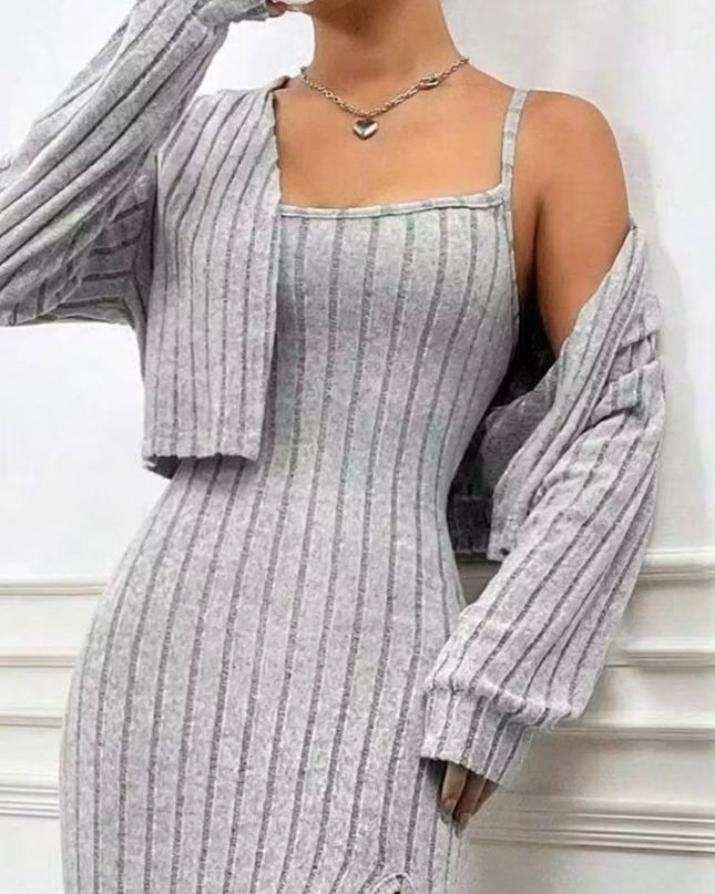 Ribbed Knit Cami Dress & Cardigan Set Light Gray