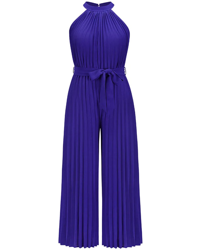 Cutout Tied Pleated Sleeveless Jumpsuit Dark Blue