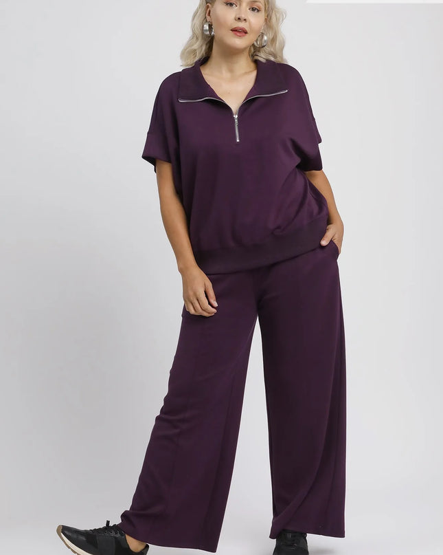 Umgee Full Size Half-Zip Short Sleeve Top Plus Size