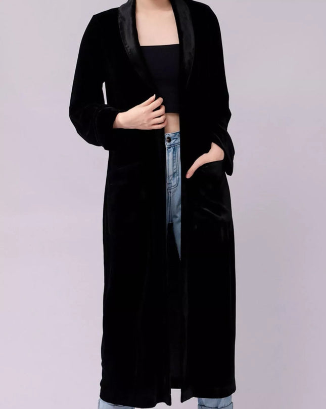 Velvet Lapel Collar Longline Coat