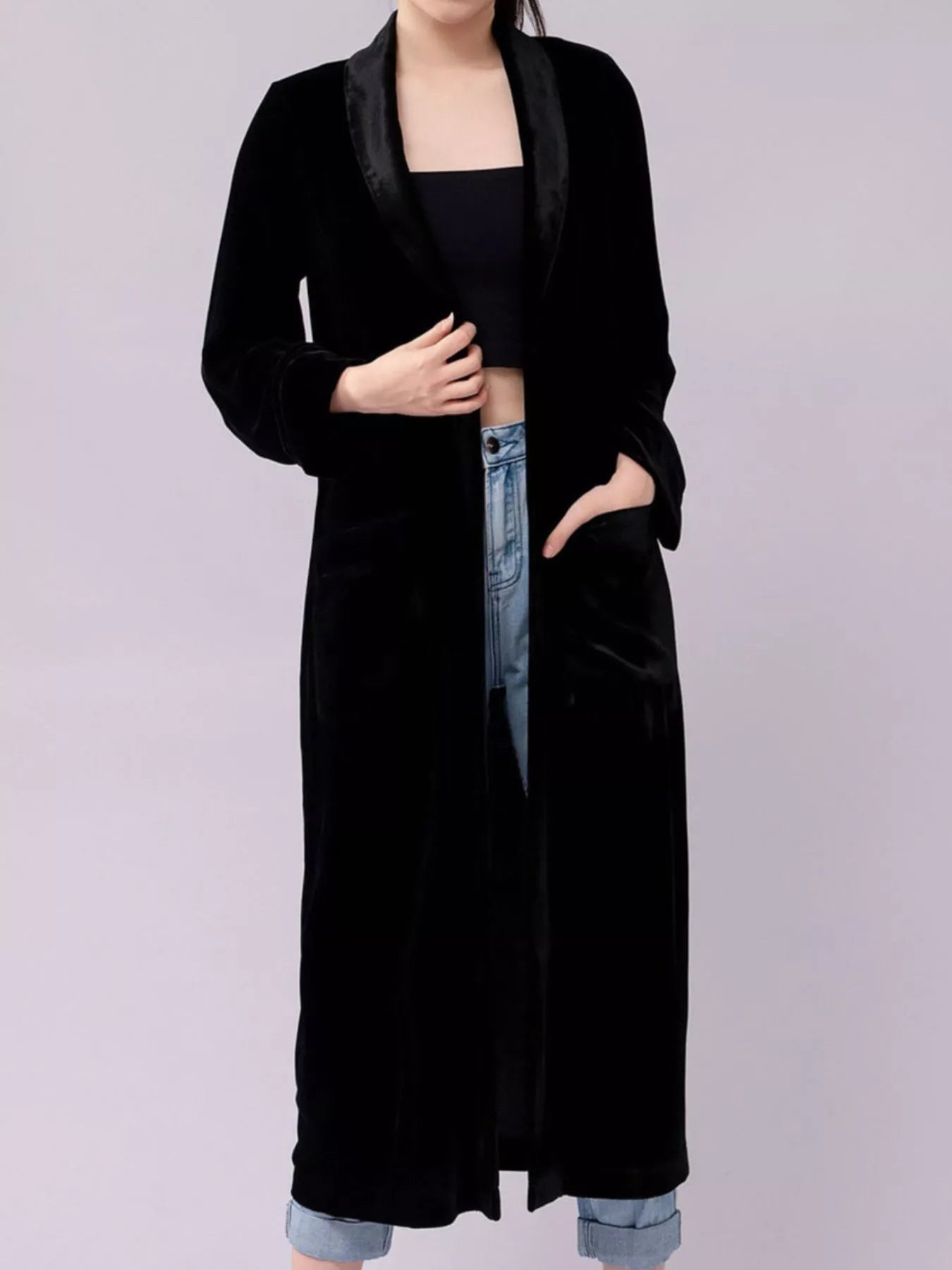 Velvet Lapel Collar Longline Coat