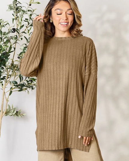 Basic Bae Full Size Ribbed Round Neck Long Sleeve Slit Top