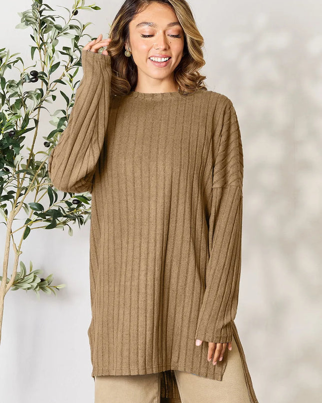 Basic Bae Full Size Ribbed Round Neck Long Sleeve Slit Top