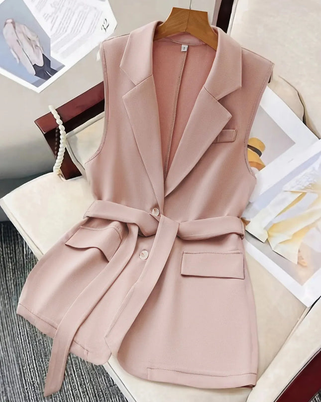 Tie Waist Lapel Collar Sleeveless Blazer Pale Blush