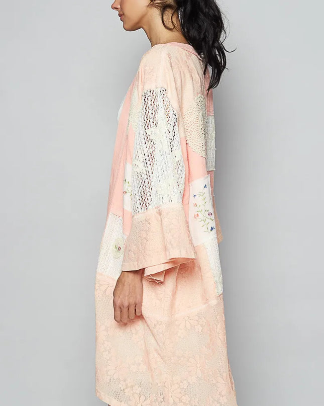 POL Double Gauze and Lace Mix Cardigan with Embroidered Detail 
