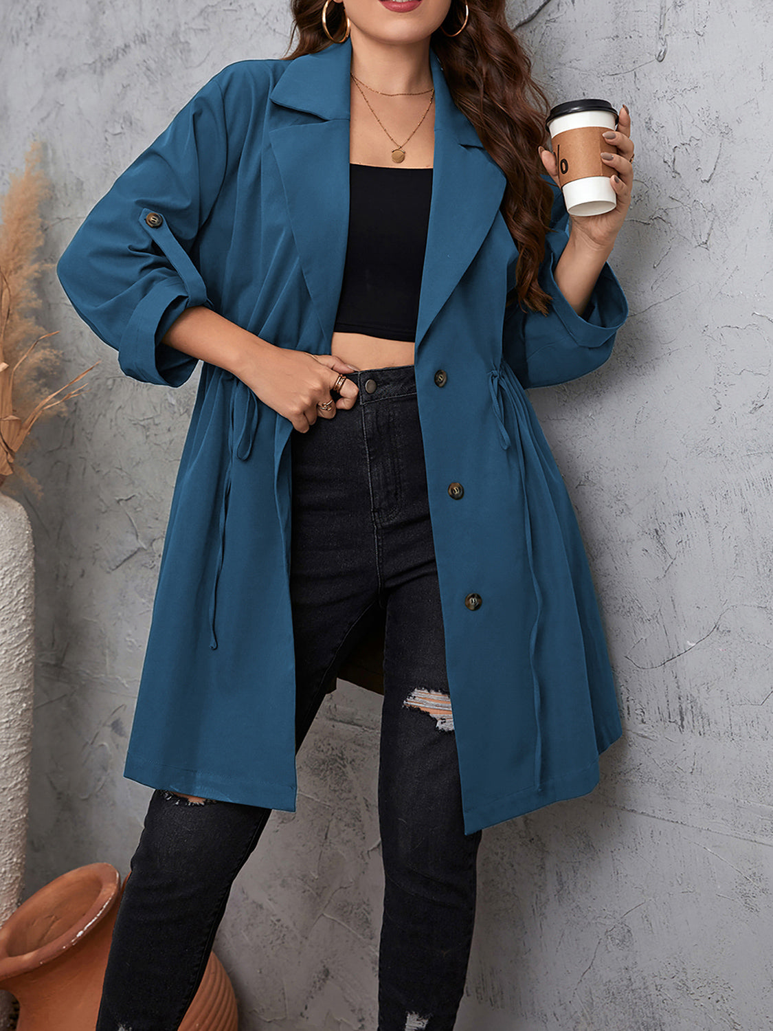 Honey Plus Size Lapel Collar Drawstring Roll-Tab Sleeve Trench Coat Dusty Blue