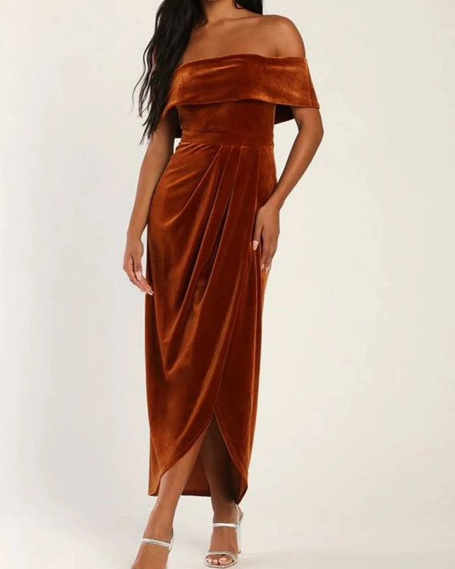 Off-Shoulder Wrap Dress with Side Slit Light Brown