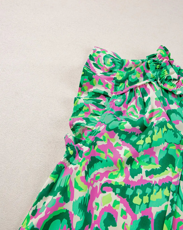 Abstract Print Ruffled Trim Tie Neck Top