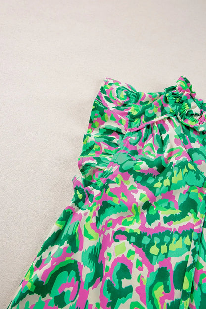 Abstract Print Ruffled Trim Tie Neck Top
