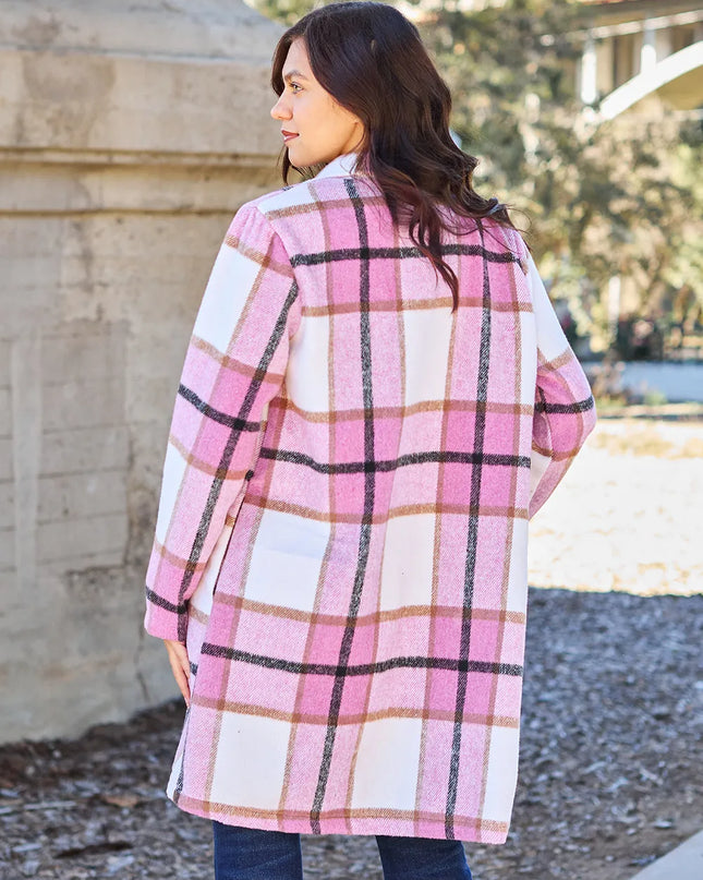 Double Take Full Size Plaid Button Up Lapel Collar Coat