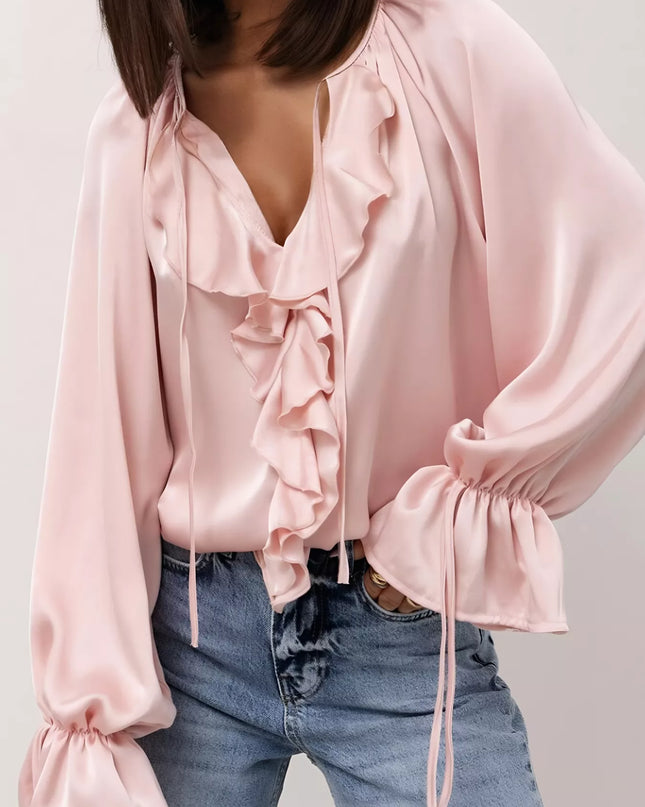 Ruffle Trim Satin Flounce Sleeve Blouse Blush Pink