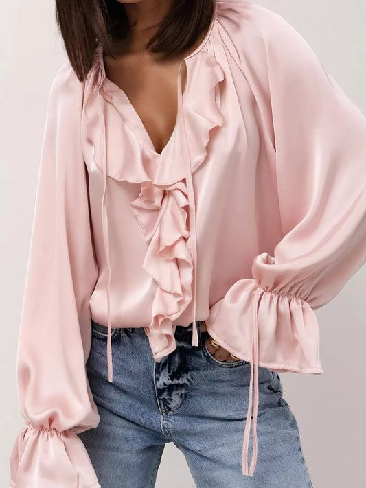 Ruffle Trim Satin Flounce Sleeve Blouse Blush Pink