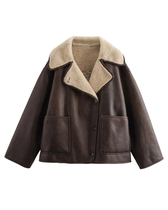 Collared Neck Long Sleeve Plush Jacket