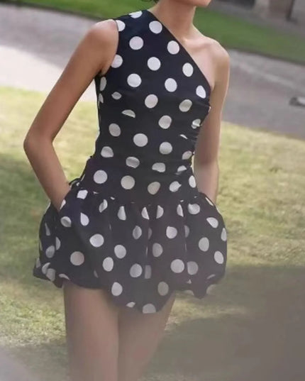 One-Shoulder Polka Dot Mini Dress