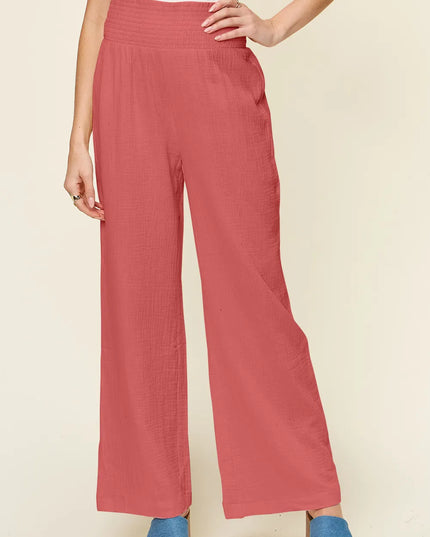 Double Take Full Size Texture Smocked Waist Wide Leg Pants Hot Pink