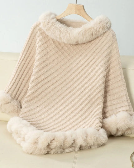 Fuzzy Trim Texture Three-Quarter Sleeve Poncho