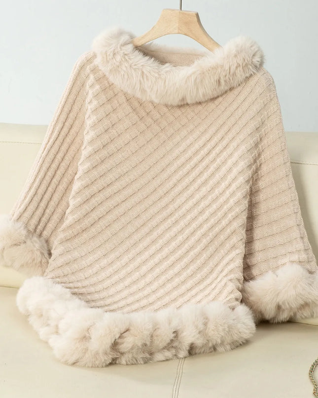 Fuzzy Trim Texture Three-Quarter Sleeve Poncho