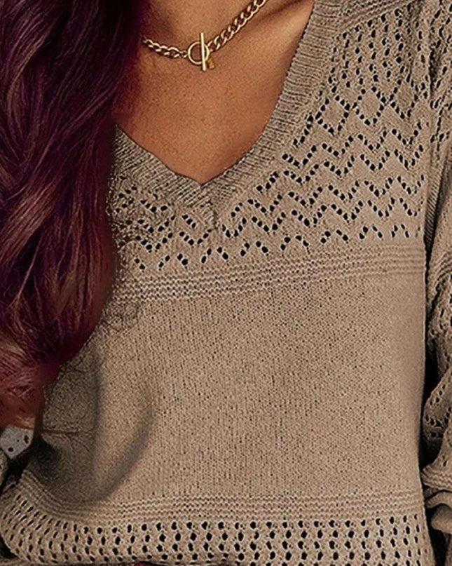 Eyelet Deatil V-Neck Long Sleeve Sweater