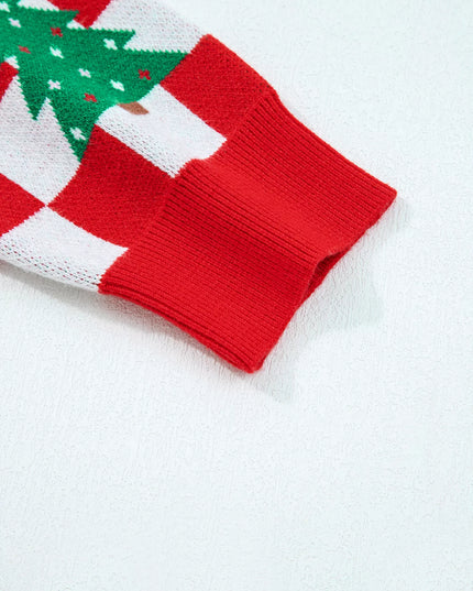 Christmas Tree Pattern Checkered Button V Neck Cardigan