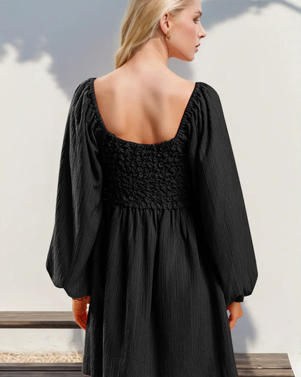 Double Take Texture Smocked Balloon Sleeve Mini Dress