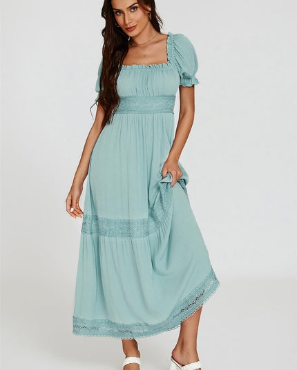 Lace Detail Bardot Maxi Dress in Blue