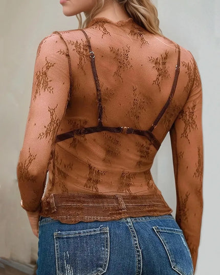 Floral Mock Neck Long Sleeve Mesh Top