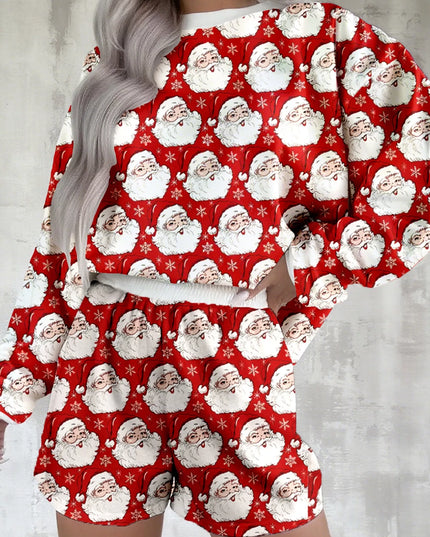 Christmas Santa Print Round Neck Top and Shorts Lounge Set