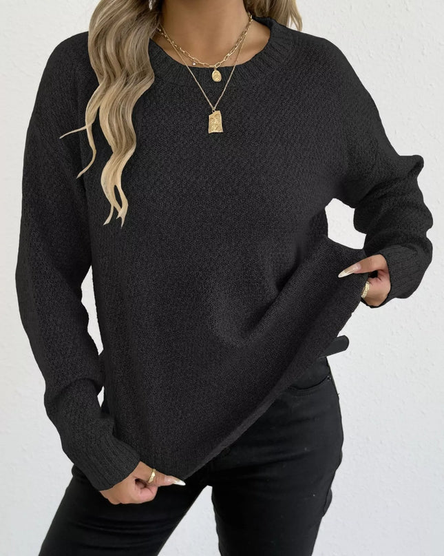 Textured Knit Relaxed Fit Round Neck Sweater Black