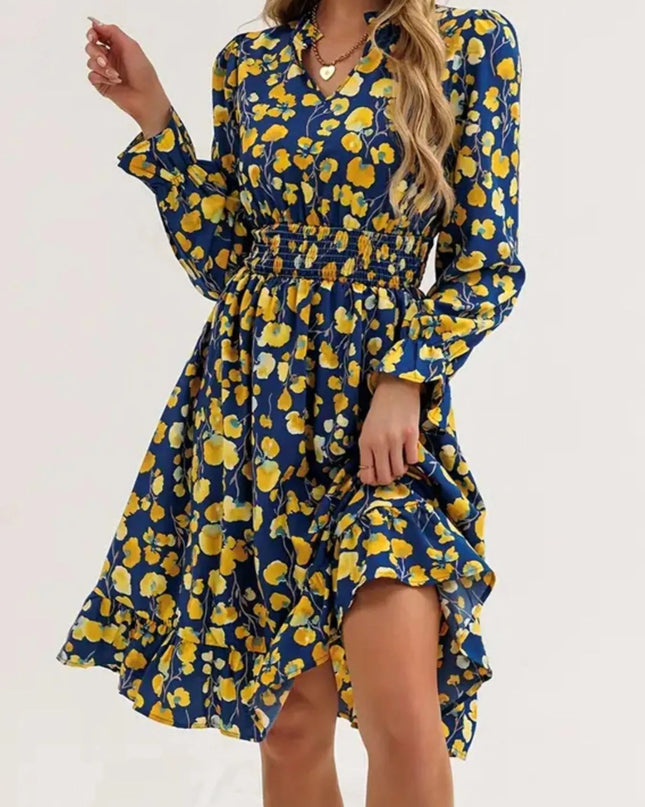 Floral Print Flounce Sleeve Ruffle Hem Dress