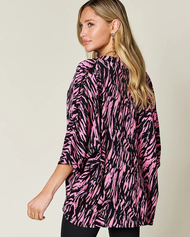 Double Take Full Size Printed Notched Three-Quarter Sleeve Blouse