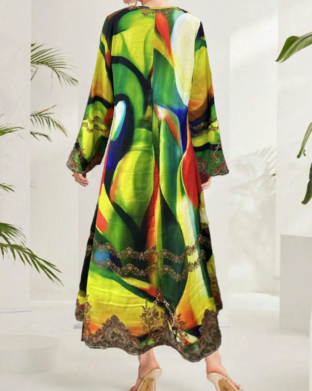 Multi-Color Abstract Print Notched Maxi Dress